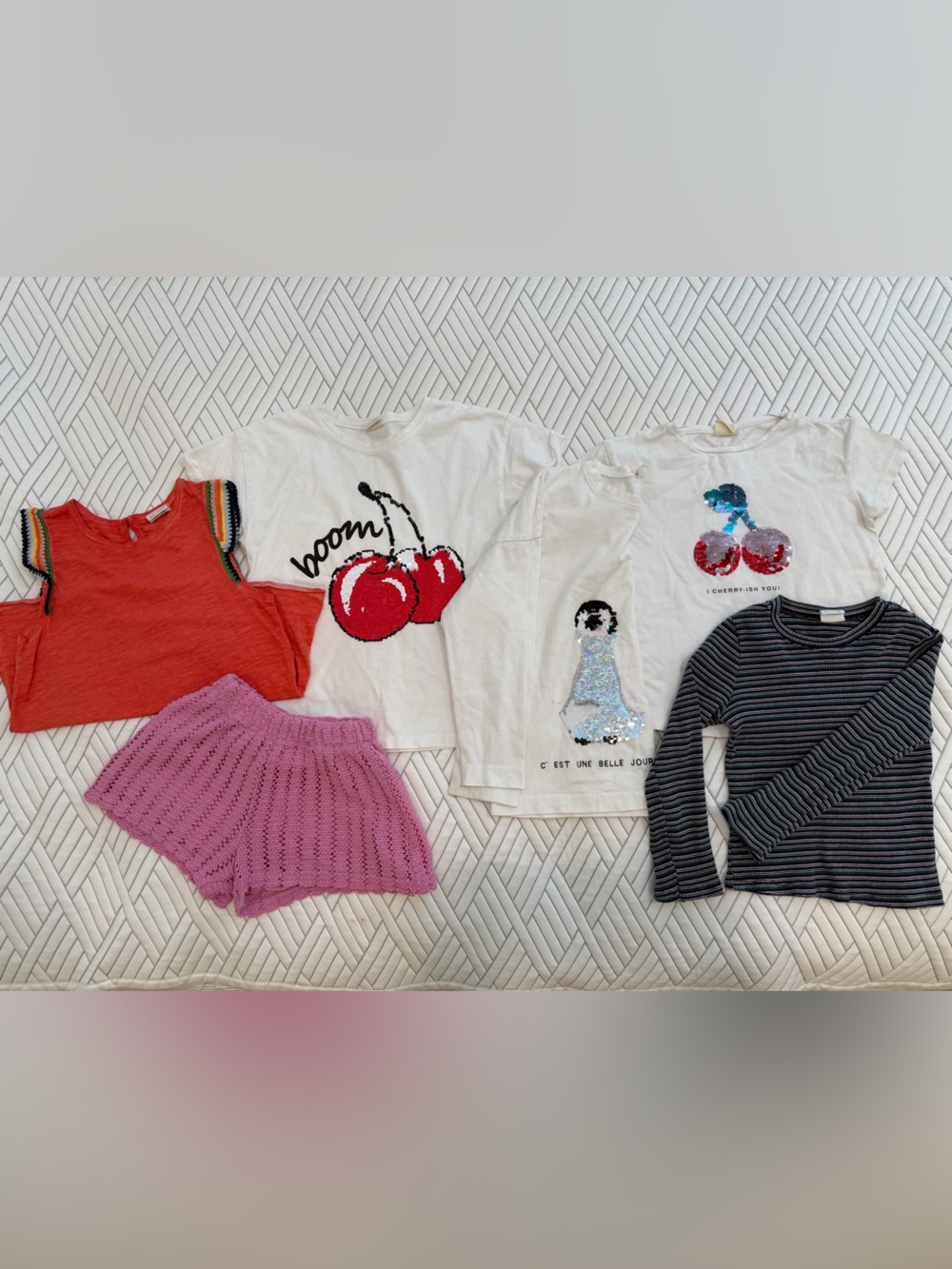 Zara Bundle White Tee with Red Cherry Sequin Graphic - Girls Kids